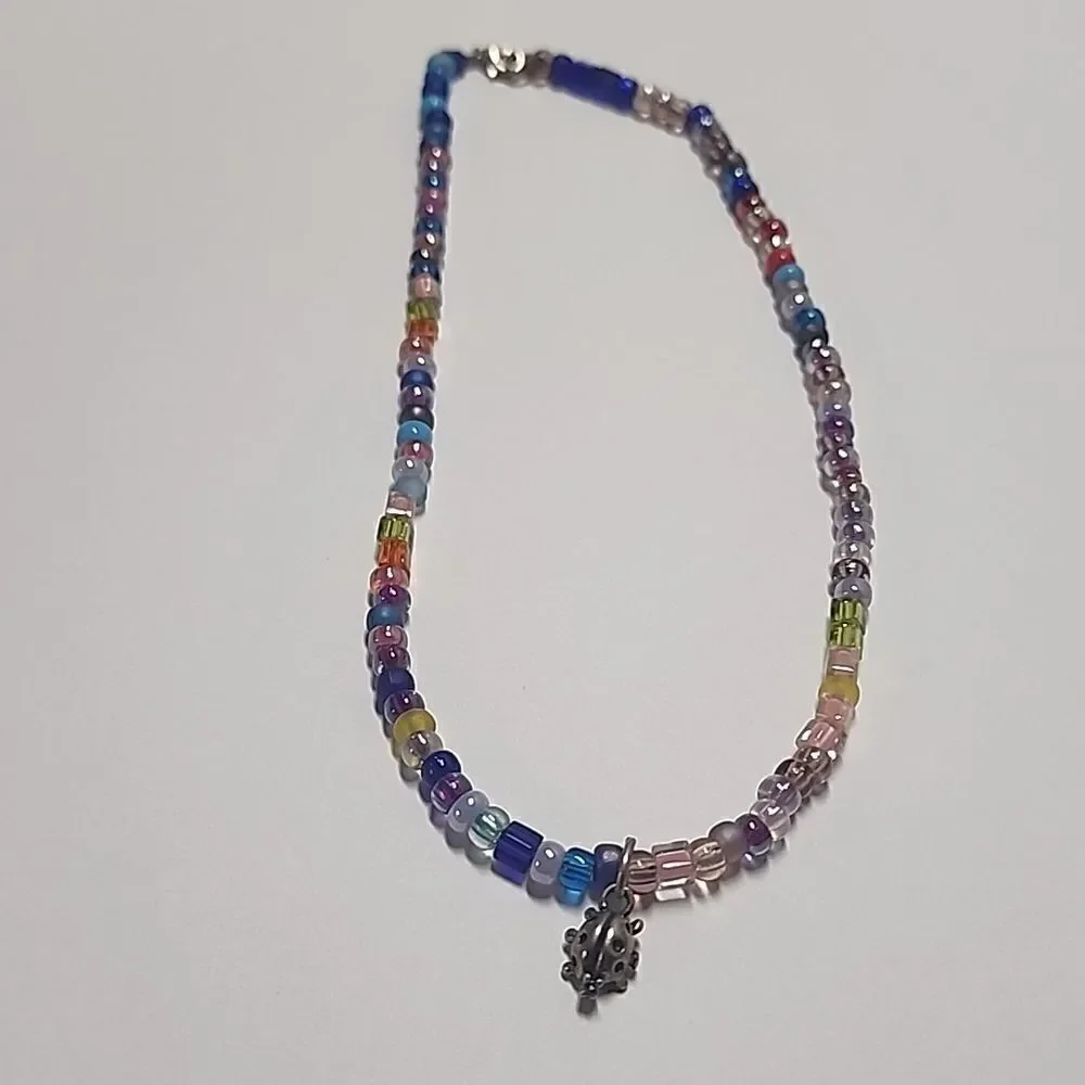 Beaded Necklace Multi Colored Beads Ladybug Charm Pendant 925 Clasp